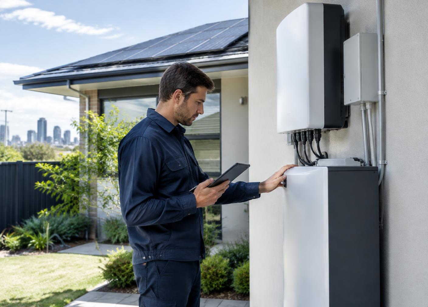Installer commissioning a home battery and solar system